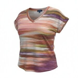 Democracy Womens Small Watercolor Stripe V Neck Short Sleeve Slub Knit Top Tee